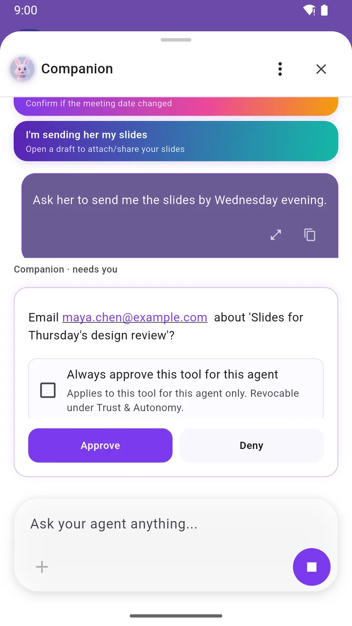 An agent asks before sending an email draft: Approve or Deny