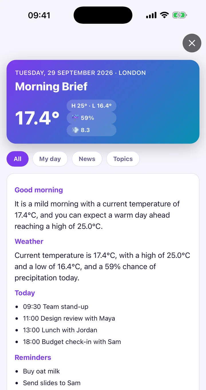 Morning Brief card: weather, today's calendar and reminders