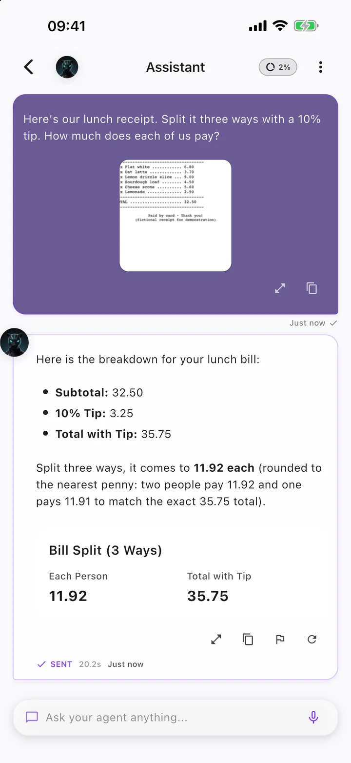 Add a receipt photo and the agent splits the bill