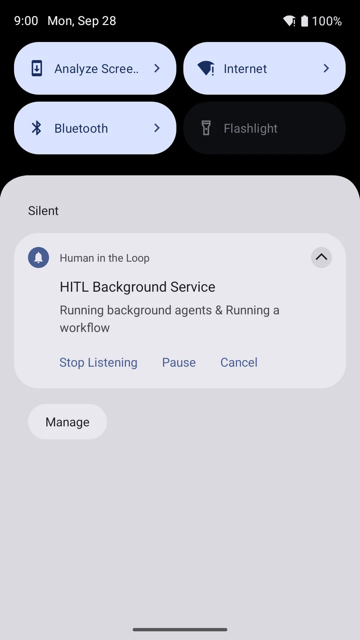 HITL background service running an agent while the phone is locked